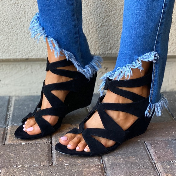 Black Strappy Peep Toe Wedge Ankle Bootie Pump - Picture 6 of 10